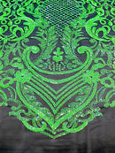 Neon Green Sequins Fabric on Black Mesh, DAMASK Design Embroidered on a 4 way Stretch By The Yard