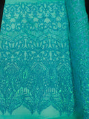 New Mint Iridescent - 4 Way Stretch Embroidered Royalty Sequins Design Fabric By Yard