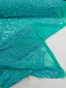 New Mint Iridescent - 4 Way Stretch Embroidered Royalty Sequins Design Fabric By Yard