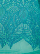 New Mint Iridescent - 4 Way Stretch Embroidered Royalty Sequins Design Fabric By Yard