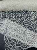 Off-White Wavy Leaf Design - Fancy Embroidered Beaded Leaf Design Fabric Sold by Yard
