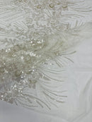 Beaded Floral Line Fabric - Off-White - Beaded Embroidered Lines and Flowers on Mesh By Yard