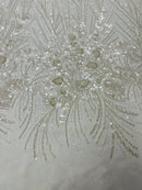 Beaded Floral Line Fabric - Off-White - Beaded Embroidered Lines and Flowers on Mesh By Yard