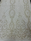 Bead Fashion Damask Fabric - Off-White - Beaded Sequins Geometric Design on Mesh Sold By Yard