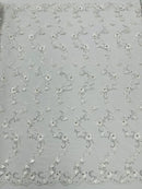 3D Lace Flower Fabric - Off-White - Embroidered Sequins and 3D Floral Patterns on Lace By Yard