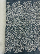 Off-White Wavy Leaf Design - Fancy Embroidered Beaded Leaf Design Fabric Sold by Yard