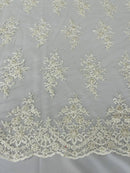 Beaded Shiny Floral Cluster - Off-White - Embroidered Luxury Floral Design by Yard