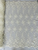 Beaded Floral Cluster - Off-White - Fancy Embroidered Glamorous Floral Design by Yard