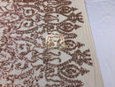 4 Way Stretch - Rose Gold - Sequins Damask Design Fabric Embroidered On Mesh Sold By The Yard