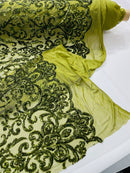 Damask Decor Sequins - Olive Green - 4 Way Stretch Design High Quality Fabric By Yard