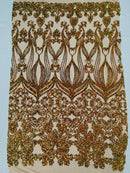 Damask Heart Design - Olive Green Iridescent - Damask with Heart Design Sequins on Mesh By Yard