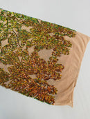 Damask Heart Design - Olive Green Iridescent - Damask with Heart Design Sequins on Mesh By Yard
