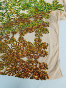 Damask Heart Design - Olive Green Iridescent - Damask with Heart Design Sequins on Mesh By Yard