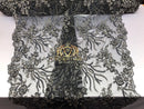 Beaded - Black - Fancy Flower Design Sequins Fabric with Beads Sold By The Yard