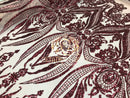 Big Damask Sequins Fabric - Burgundy - 4 Way Stretch Damask Sequins Design Fabric By Yard