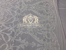 4 Way Stretch - White - Sequins Damask Design Fabric Embroidered On Mesh Sold By The Yard