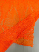 Triangle Sequin Fabric - Neon Orange - Geometric Designs Spandex Mesh By Yard
