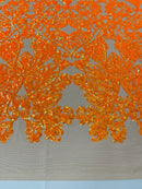 Damask Heart Design - Orange on Nude- Damask with Heart Design Sequins on Mesh By Yard