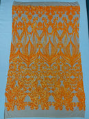 Damask Heart Design - Orange on Nude- Damask with Heart Design Sequins on Mesh By Yard