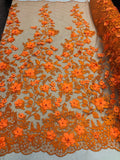 3D Pearl Floral Fabric - Floral Design Embroidered on Mesh Lace Fabric - 25 Yard Roll