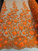3D Pearl Floral Fabric - Floral Design Embroidered on Mesh Lace Fabric - 25 Yard Roll