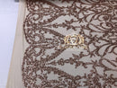 4 Way Stretch - Rose Gold - Sequins Damask Design Fabric Embroidered On Mesh Sold By The Yard
