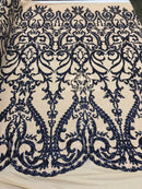 Two Tone Sequins - Navy / Nude - 4 Way Stretch Fancy Design Mesh Fabric Sold By The Yard