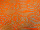 Orange Sequins Fabric on Skin Mesh, DAMASK Design Embroidered on a 4 way Stretch By The Yard