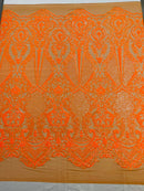 Orange Sequins Fabric on Skin Mesh, DAMASK Design Embroidered on a 4 way Stretch By The Yard