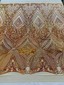 Orange Iridescent Sequins Fabric on Nude Mesh, GEOMETRIC Design 4 way Stretch By The Yard