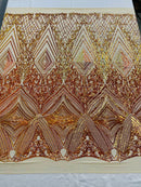 Orange Iridescent Sequins Fabric on Nude Mesh, GEOMETRIC Design 4 way Stretch By The Yard