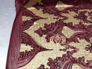 4 Way Stretch - Burgundy and Gold - Two Tone Flower Design Sequins On Stretch Mesh By The Yard