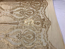 Sequins - Gold - 4 Way Stretch Fancy Fabric Embroidered On Mesh Sold By The Yard