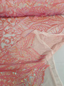 Pink / Coral Iridescent - 4 Way Stretch Embroidered Royalty Sequins Design Fabric By Yard