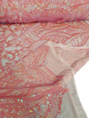 Pink / Coral Iridescent - 4 Way Stretch Embroidered Royalty Sequins Design Fabric By Yard