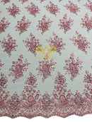 Floral Beaded Fabric - Pink - Embroidered Beaded Flowers Cluster Design on a Mesh Sold By Yard