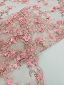 3D Lace Flower Fabric - Pink - Embroidered Sequins and 3D Floral Patterns on Lace By Yard