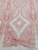 Beaded Diamond Design Fabric - Pink - Beaded Embroidered Diamond Zig Zag Design on Mesh By Yard