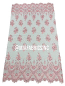 Round Flower Beaded Fabric - Pink - Embroidered Fashion Design Beads and Sequins On Mesh by The Yard