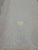 Heart Damask Sequins - Pink Iridescent - 4 Way Stretch Elegant Shiny Net Sequins Fabric By Yard