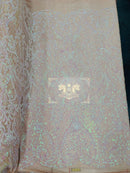 Heart Damask Sequins - Pink Iridescent - 4 Way Stretch Elegant Shiny Net Sequins Fabric By Yard