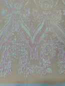 Big Damask Sequins Fabric - Pink Iridescent on Nude - 4 Way Stretch Damask Sequins Design Fabric By Yard