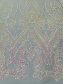 Big Damask Sequins Fabric - Pink Iridescent on White - 4 Way Stretch Damask Sequins Design Fabric By Yard