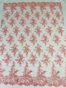 Lace Flower Cluster Fabric - Pink - Embroidered Flower With Sequins on a Mesh Lace Fabric By Yard