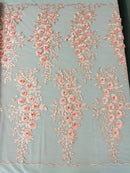 3D Rhinestone Rose Fabric - Pink - Embroidered 3D Roses Design on Mesh Fabric Sold by Yard