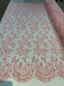 Lace Sequins Fabric - Corded Flower Embroidery Design Mesh Fabric - 25 Yard Roll