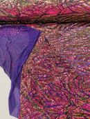 Magenta Purple Gold Sequins Fabric On Black Mesh 4 Way Stretch Geometric Design By The Yard
