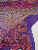 Big Damask Sequins Fabric - Purple Iridescent - 4 Way Stretch Damask Sequins Design Fabric By Yard