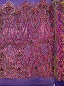 Damask Geometric Sequins - Purple Iridescent - 4 Way Stretch Sequins Damask Pattern Design Sold By Yard