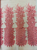 3D Beaded Peacock Feathers - Vegas Design Embroidered Sequins and Beads On a Mesh Lace Fabric - 15 Yard Roll